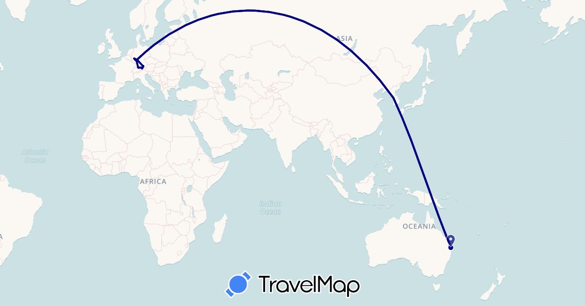 TravelMap itinerary: driving in Australia, Germany, South Korea (Asia, Europe, Oceania)